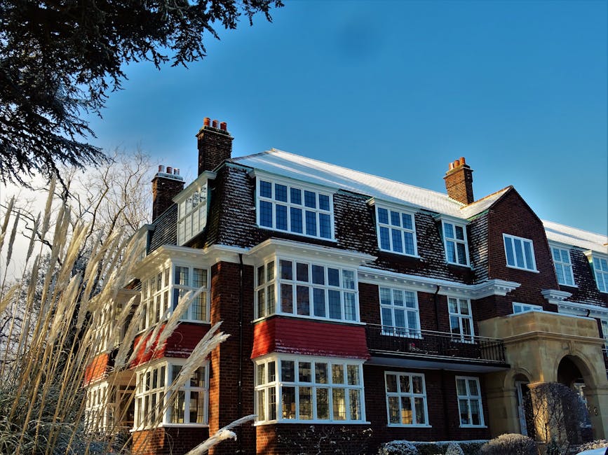 A multi-storey residential building with a brick exterior and numerous large white-framed windows, partially covered in snow, under a clear blue sky. The building features protruding bay windows and a small balcony with a black metal railing on one level. To the left, there are tall, dry grasses and leafless trees indicating winter. The photograph captures the exterior of the property during daylight hours. This image relates to house moves and home relocation services such as those offered by Man with Van Lamorbey, highlighting the type of property involved in local removals and furniture transport projects.