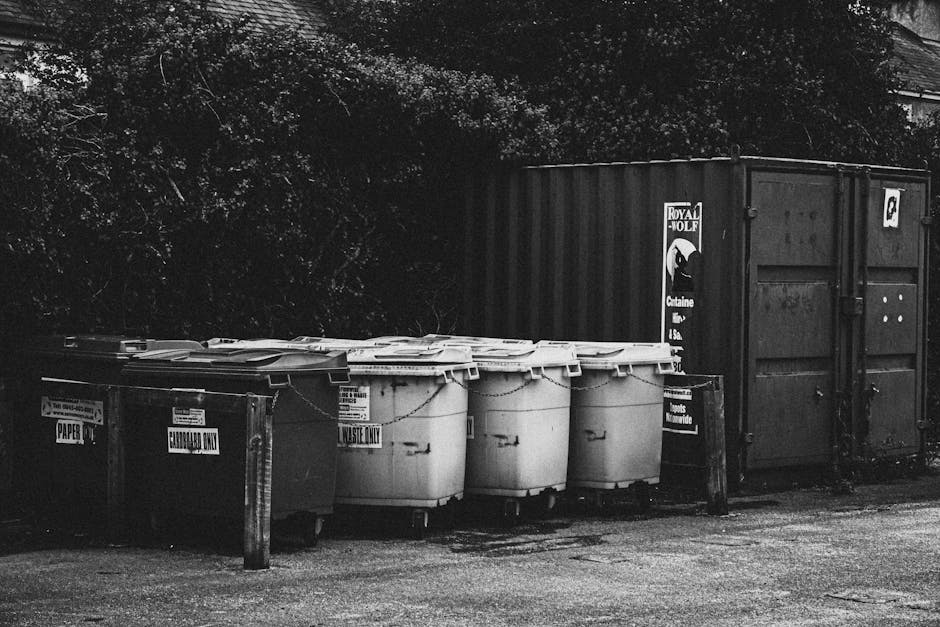 A row of four large white plastic wheeled bins with lids, designated for waste disposal, are lined up on a paved area adjacent to a dark-colored metal storage container. The bins are positioned in front of a surrounding hedge or trees, with one black waste bin labeled for paper recycling and a second gray bin marked for confidential documents. To the right of the white bins, a darker container with a side door stands, partially blocking part of the view. The scene appears to be outside a residential or commercial building, possibly near an entrance or loading area, with signs indicating waste segregation and collection. This setup is consistent with the collection process of bulky waste, such as wardrobes and white goods, during a house removal or relocation service provided by Man with Van Lamorbey, illustrating the preparatory or disposal phase of packing and moving logistics.