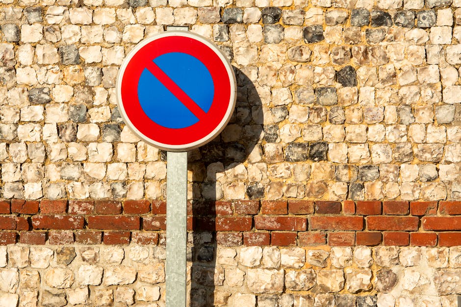 A circular 'no parking' sign with a blue background and red border, mounted on a metal pole casting a shadow on an old stone wall composed of beige and gray bricks with a horizontal red brick band. The setting appears to be outdoors, with natural lighting illuminating the wall and sign. This image relates to parking regulations that may impact house removals or furniture transport in Lamorbey, relevant to the context of moving services provided by Man with Van Lamorbey, as seen on the webpage about parking suspension rules for house relocations, ensuring clearance for loading and unloading during home-moving processes.